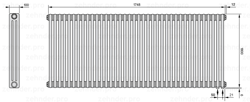 Схема (чертеж) Радиатор Zehnder Charleston 3180/38 №5510 Белый глянцевый RAL 9016
